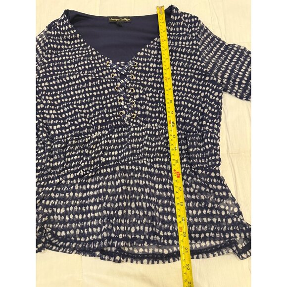 Always Indigo Womens M V-Neck Peplum Blouse Navy/White Patterned Lace-Up - Picture 7 of 8